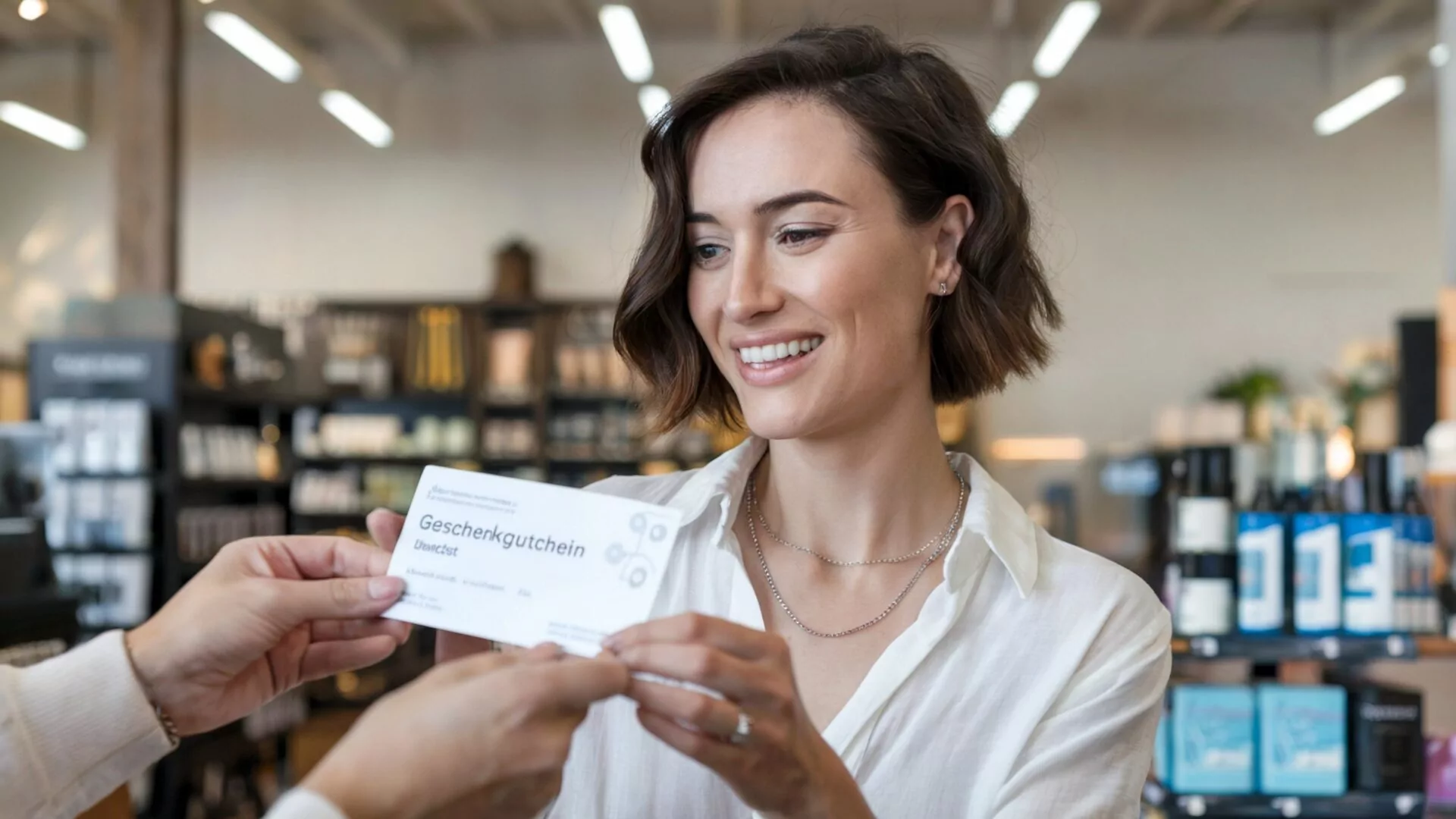 Eine Frau erhält von einem Händler ein Geschenkgutschein