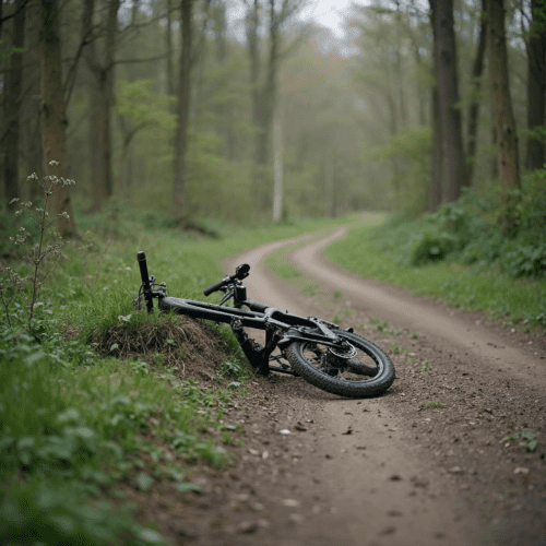 E-Bike liegt fallen auf unbefestigtem Waldweg in Siegen, umgeben von leicht überwachsender Vegetation.