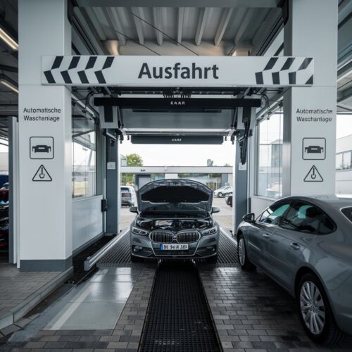 Fahrzeug blockiert Waschanlagenausfahrt, andere Fahrzeuge nähern sich.