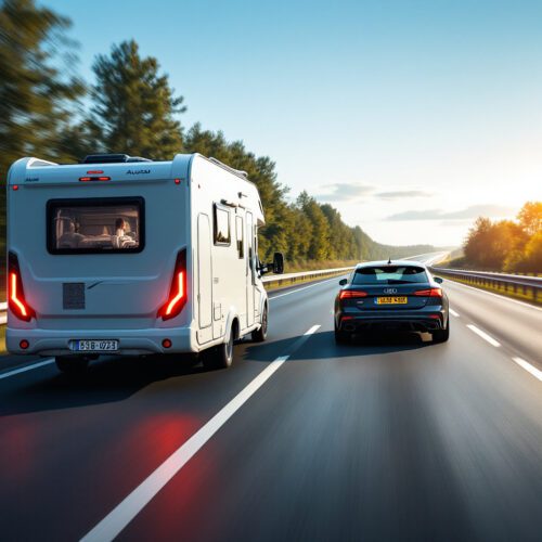 Wohnmobil setzt Blinker zum Spurwechsel während Audi auf linker Spur nähert