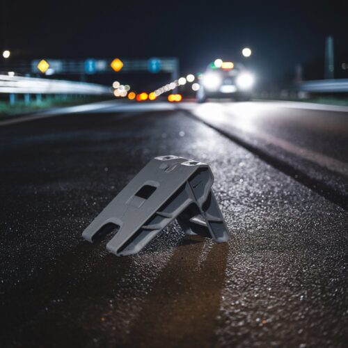 Grauer Unterlegkeil liegt auf nasser Autobahn bei Nacht, beleuchtet von einem entfernten Auto.