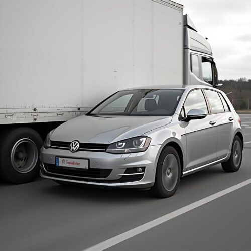 Golf kollidiert beim Überholen mit einem LKW auf einer Raststätte.