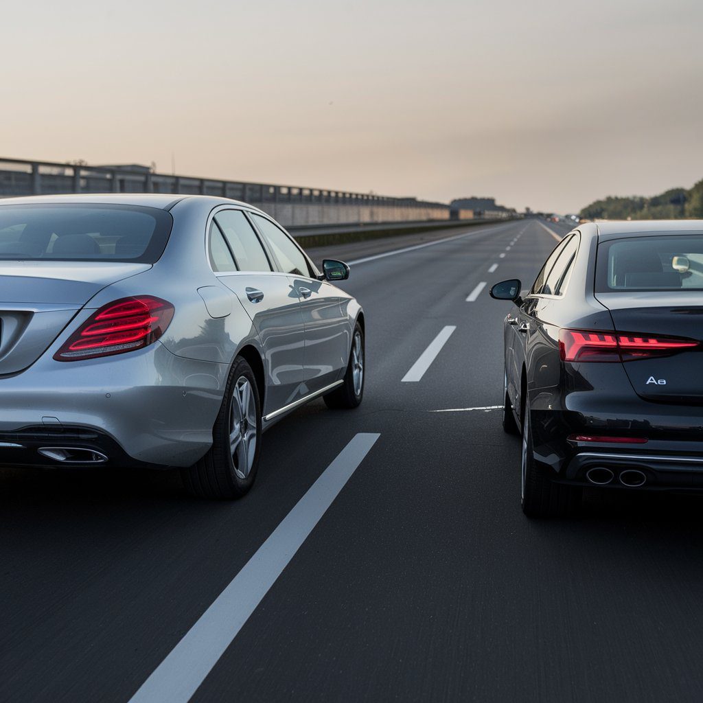 verkehrsunfall-fahrspurwechsel-geschwindigkeitsueberschreitung Mercedes wechselt Spur während schneller Audi von hinten heranrast