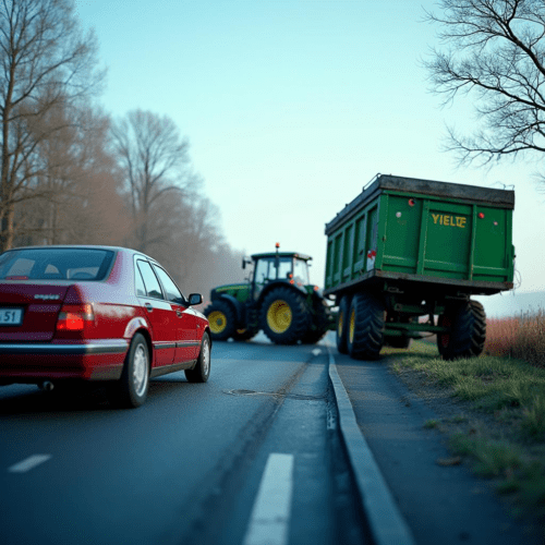 Pkw kollidiert an T-Kreuzung mit landwirtschaftlichem Gespann.