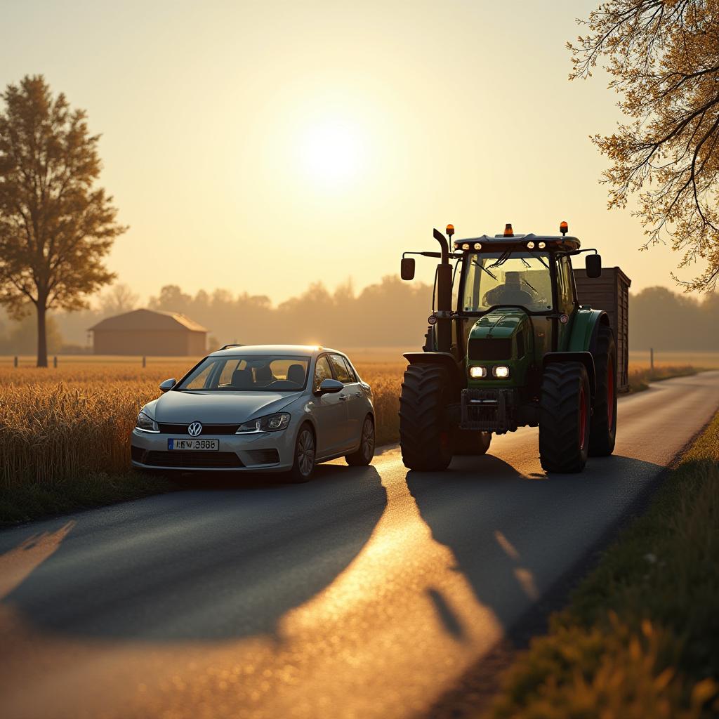 verkehrsunfall-landwirtschaftliches-gespann T-Kreuzung mit Unfall zwischen einem silbernen PKW und einem landwirtschaftlichen Traktor. Leichte Schäden an beiden Fahrzeugen sichtbar.