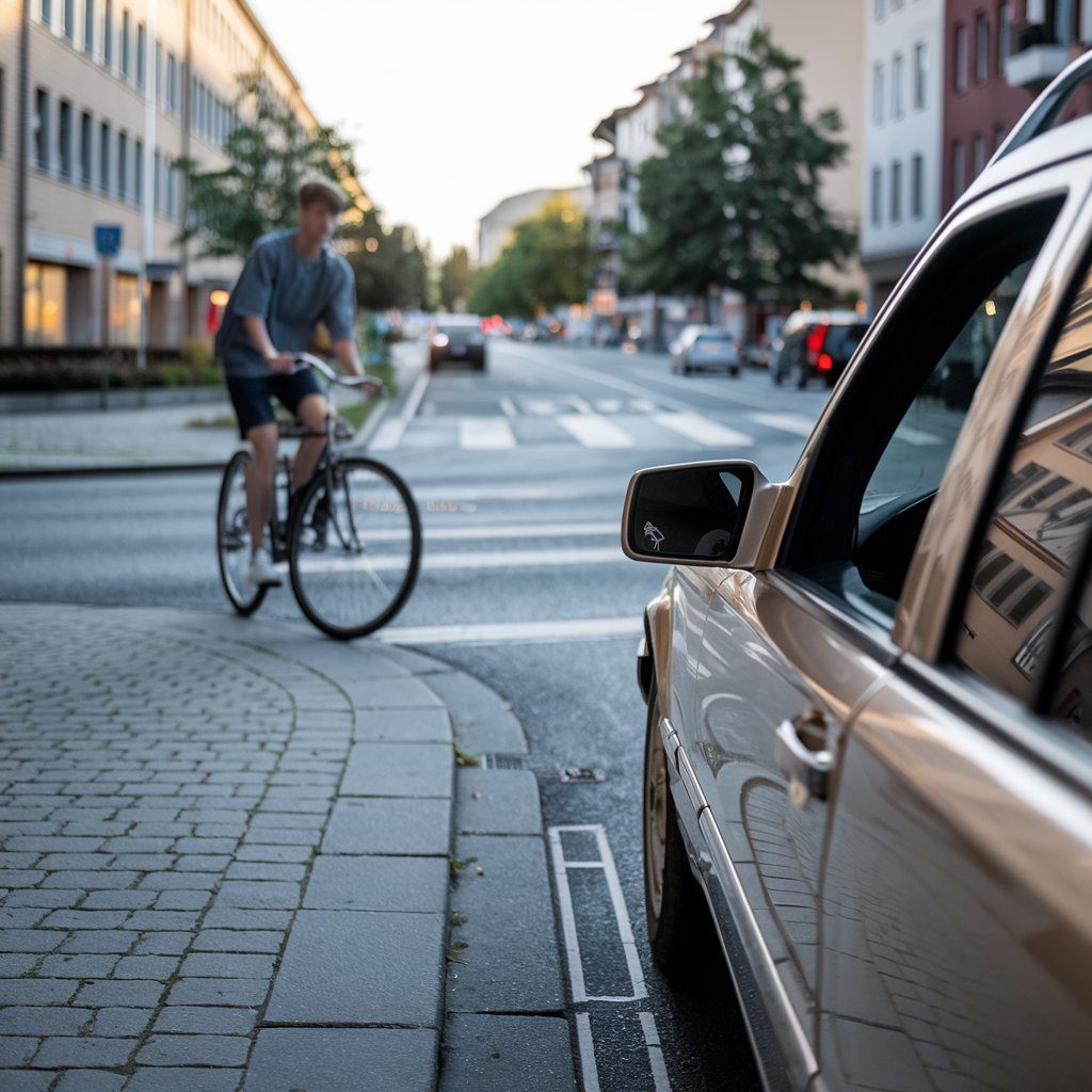 verkehrsunfall-rechtsabbieger-radfahrer Taxi biegt rechts ab, Radfahrer fährt auf dem Gehweg in Richtung Fußgängerüberweg.