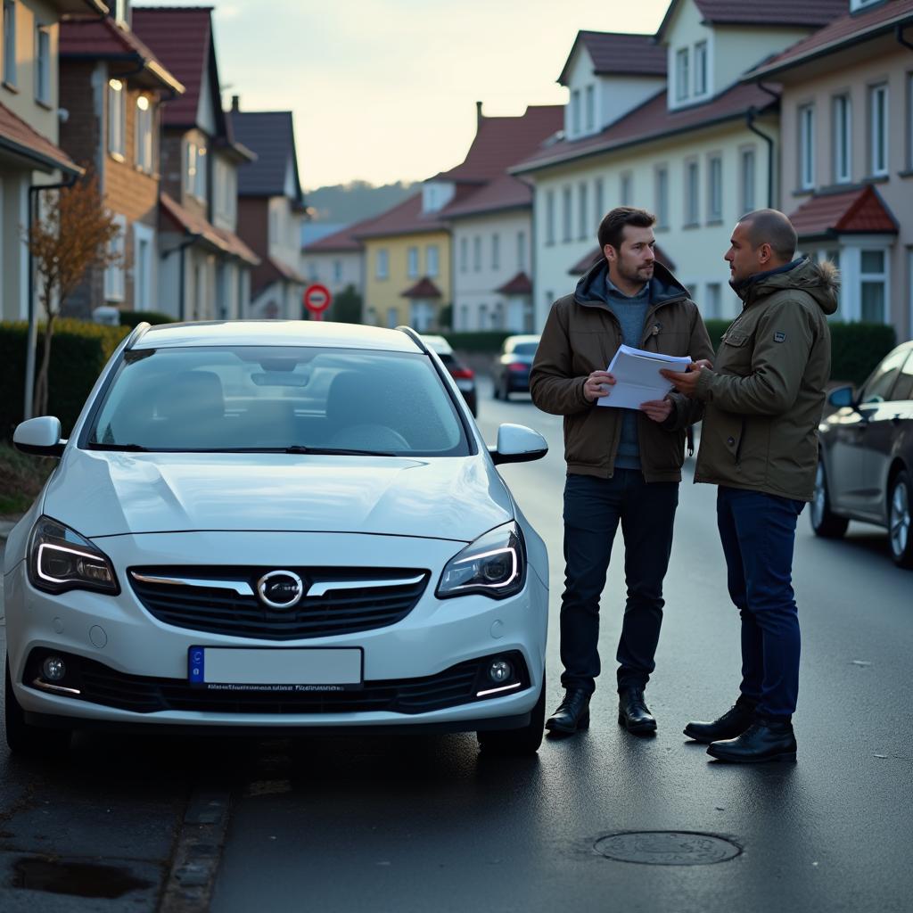 verkehrsunfall-schweden-schadensbegutachtung Deutsch registriertes Auto mit leichten Schäden, Fahrer mit Schadensgutachten und Versicherungsvertreter in schwedischer Wohnstraße.