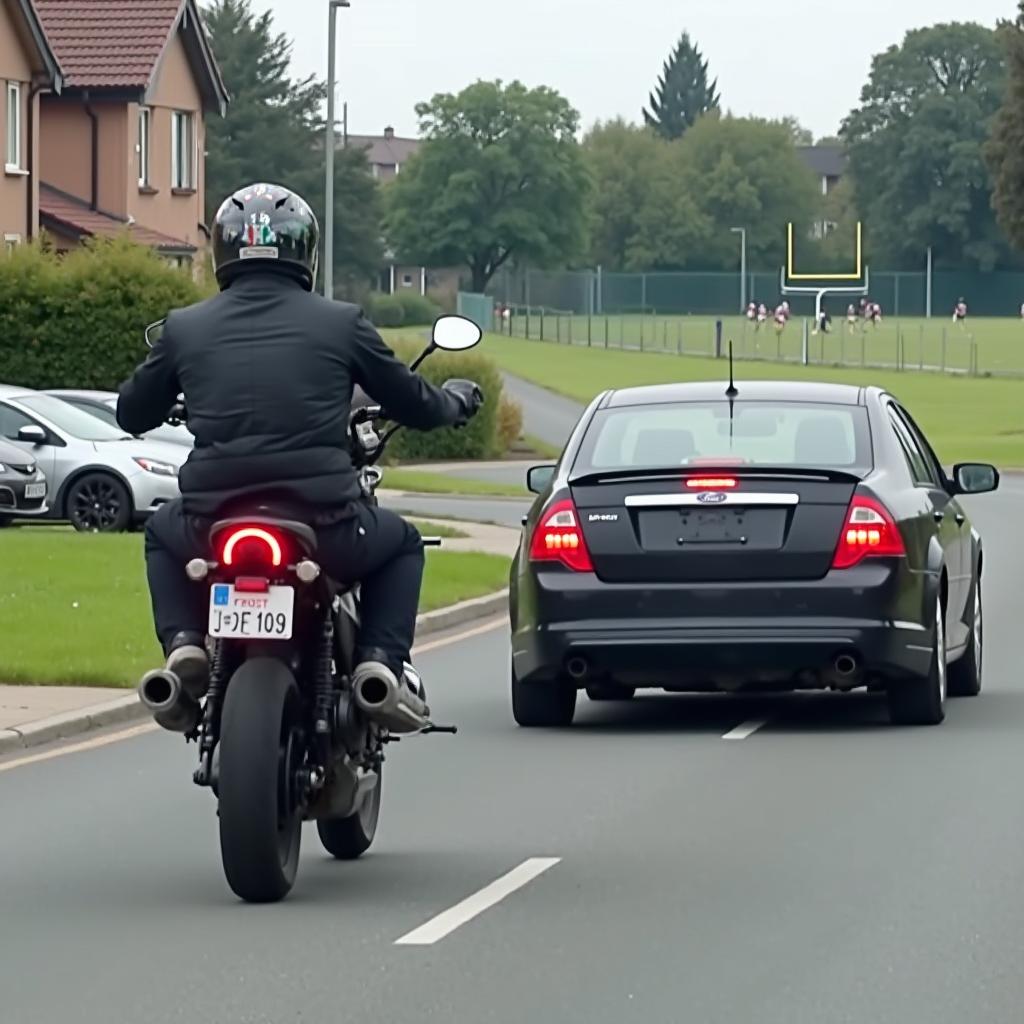 verkehrsunfall-unfallursache Motorradfahrer überholt Ford-Pkw auf einer zweispurigen Straße.