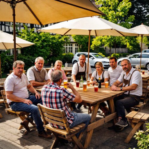 Acht Miteigentümer diskutieren angespannt in einem Biergarten in Konstanz, traditionelle Architektur im Hintergrund.