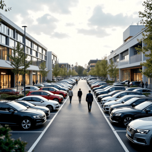 Parkplatz vor modernem Einkaufszentrum in Jena mit deutschen Autos und Anwohnern, die zwischen den Fahrzeugen gehen.