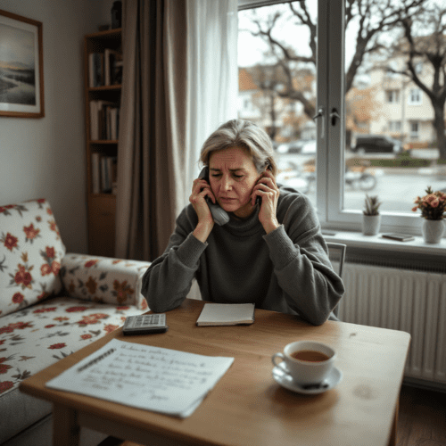 Ältere Frau mit Telefont und Notizen am Tisch in einem bescheidenen Wohnzimmer, sichtbar besorgt.