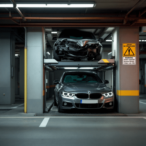Beschädigter BMW unter Duplexheber in Tiefgarage mit Warnschild zur maximalen Fahrzeughöhe.