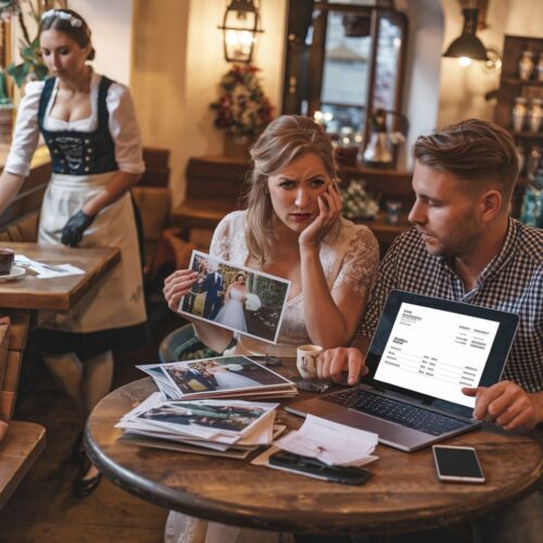 Hochzeitspaar im Café diskutiert frustriert über Fotorechnung und sieht sich gedruckte Fotos an.