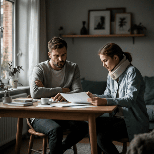 Vater mit Dokumenten am Tisch, Tochter mit Halsbandage auf dem Sofa, ernsthafte Atmosphäre im Wohnzimmer.Vater mit Dokumenten am Tisch, Tochter mit Halsbandage auf dem Sofa, ernsthafte Atmosphäre im Wohnzimmer.