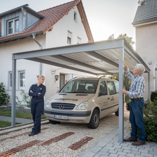 Nachbarinnen streiten um erhöhten Carport; Frau mit Maßband zeigt auf 1,24 m und schaut unzufrieden.