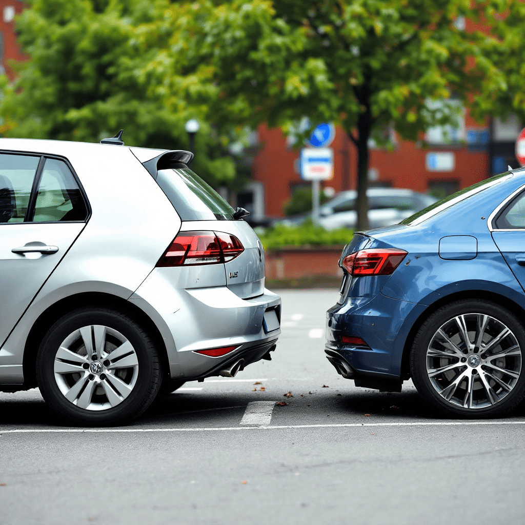parkplatzunfall-haeftungsverteilung Kollision zwischen einem silbernen Volkswagen Golf und einem blauen Audi A4 auf einem deutschen Parkplatz.