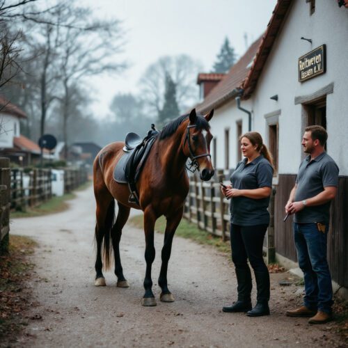 Pferd mit verletztem Bein im Reitverein Hessen. Frau untersucht das Huf, Mann hält Hufauskratzgerät.