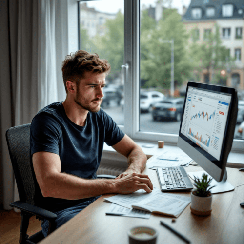 Junger Mann am Computer mit besorgtem Gesicht, umgeben von Bankunterlagen und deutscher Büroeinrichtung.