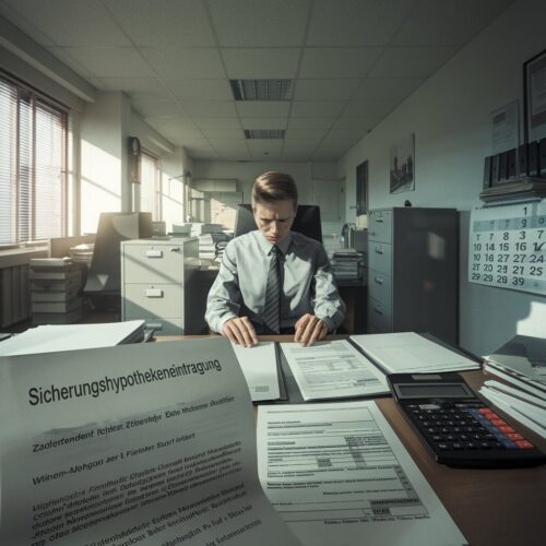 Dimly lit Büro mit einem zivilen Angestellten, der Unterlagen und eine Sicherungshypothek prüft.