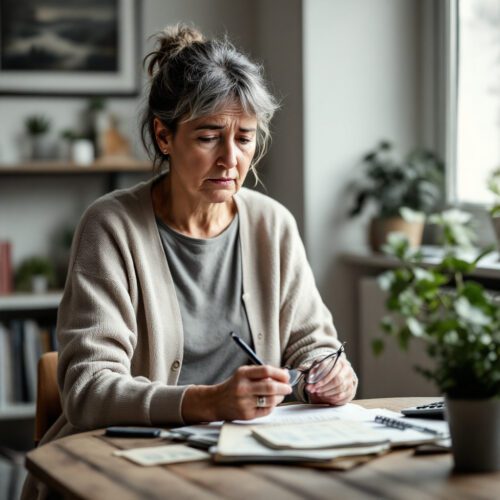 Frau in den 50ern überprüft ein altes Sparbuch und Bankdokumente im Wohnzimmer. Sie wirkt verwirrt und hält eine Brille.