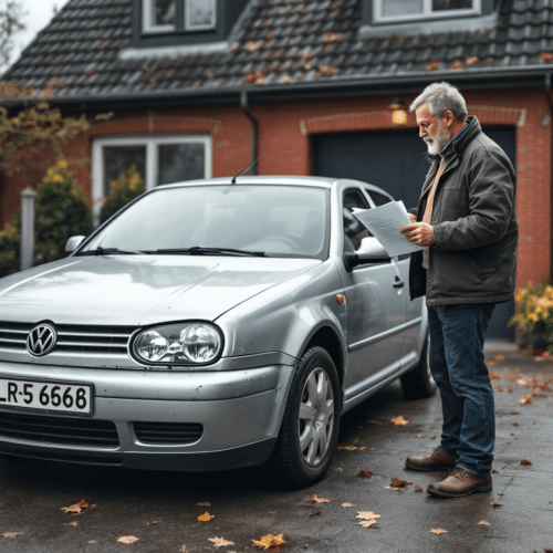 Mittelalter Mann in Arbeitsjacke prüft silbernen Volkswagen Golf auf Gebrauchsspuren in einer Einfahrt.