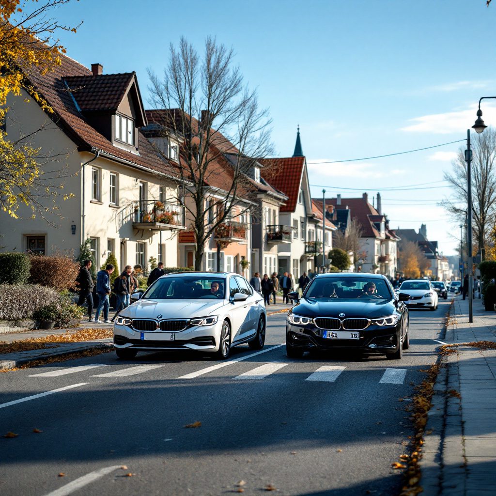 verkehrsunfall-einmündungstrichter-haftung Enge Straßenkreuzung in Deutschland mit zwei nah beieinander stehenden Fahrzeugen und herbstlichen Umgebungsdetails.