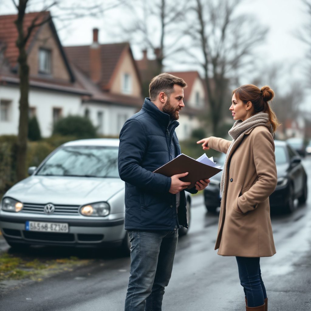 verkehrsunfall-ersatzwagen Mann und Frau diskutieren über Mietwagenkosten neben beschädigtem VW Golf und BMW in ruhiger Wohnstraße.