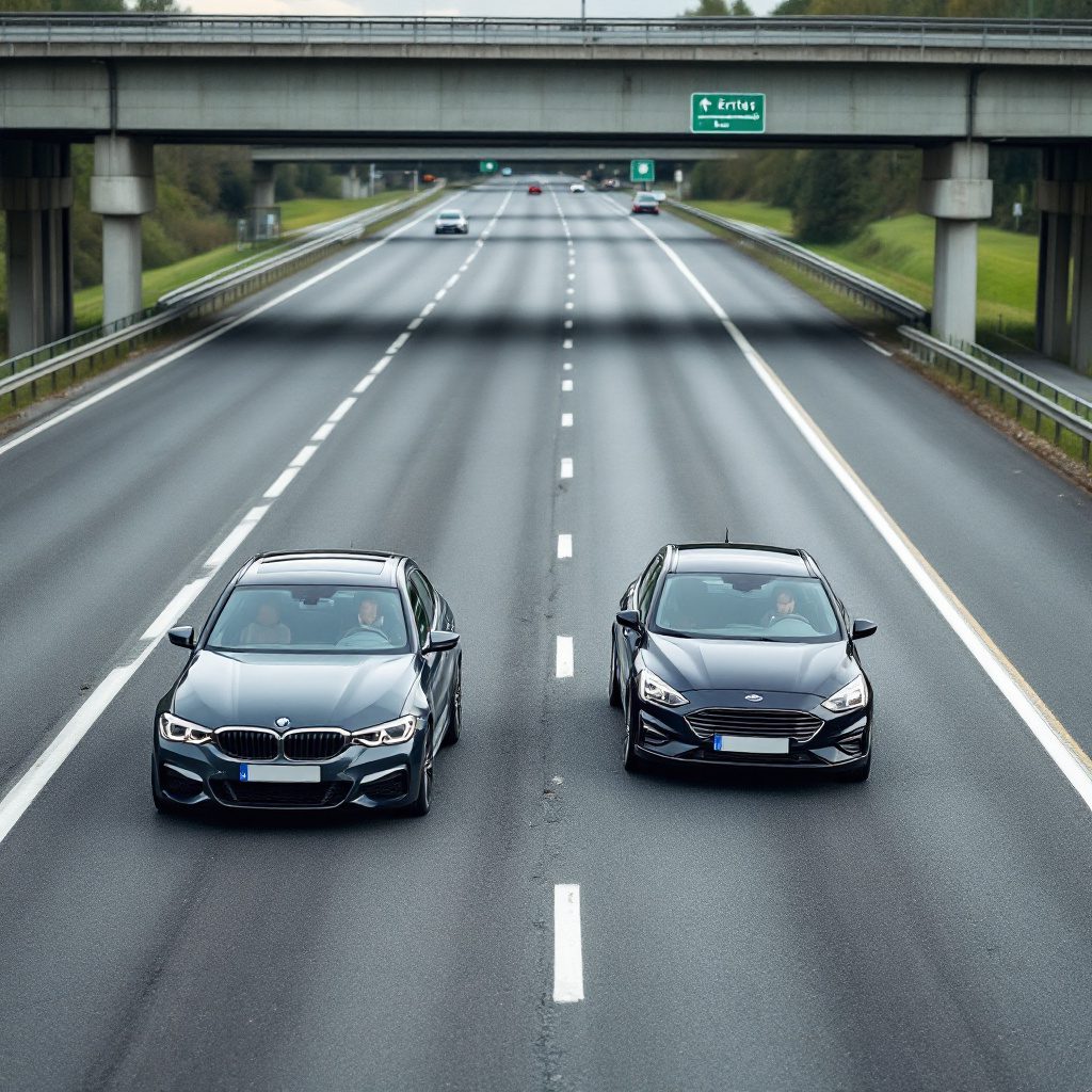 verkehrsunfall-fahrstreifenwechsel-haftung Unfall zwischen BMW und Ford Focus nach Spurwechsel auf deutscher Autobahn. Fahrer tauschen Informationen aus.