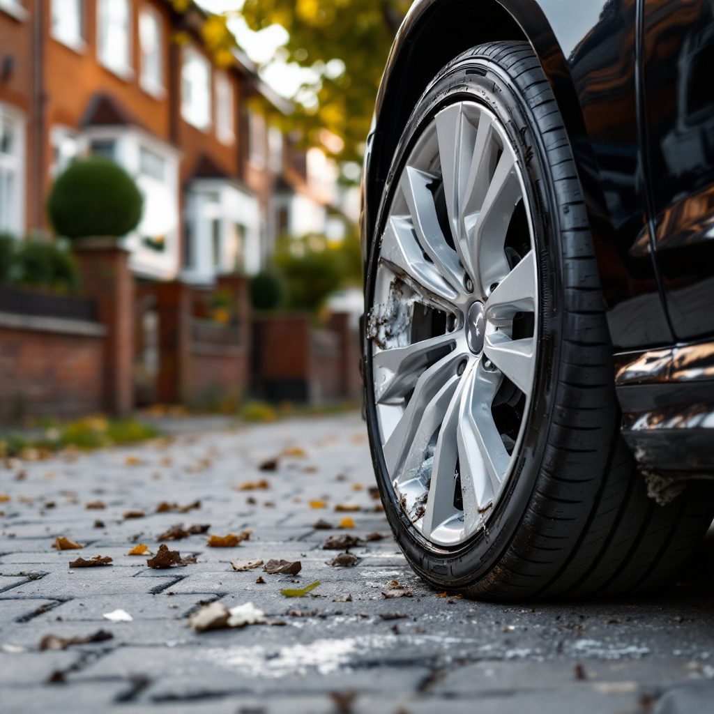 verkehrsunfall-felgenschaden Beschädigte Alufelge an einem Audi A6 in Wohngebiet, drei unversehrte Felgen sichtbar.