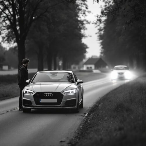 Fahrer eines Audi S5 steht nervös neben dem Auto auf einer ruhigen Landstraße, während ein Opel Astra nähert.