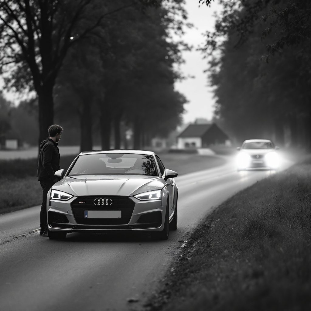 verkehrsunfall-haftung-schwarzfahrt Fahrer eines Audi S5 steht nervös neben dem Auto auf einer ruhigen Landstraße, während ein Opel Astra nähert.