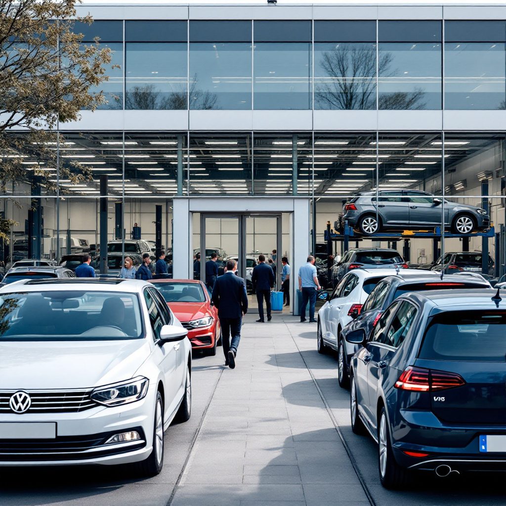 verkehrsunfall-kfz-reparatur Belebter Volkswagen-Autohof in Salzgitter mit Verkauf und Werkstatt, in der Mitarbeiter Autos reparieren.