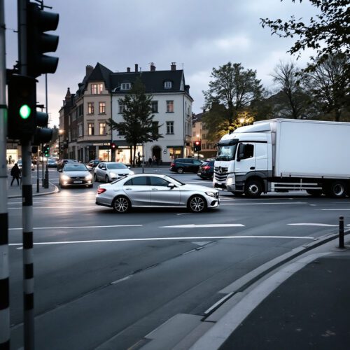 Kreuzung in Saarbrücken mit grüner Ampel, einem vorsichtig einfahrenden Mercedes und einem teilweise verdeckenden Lieferwagen.