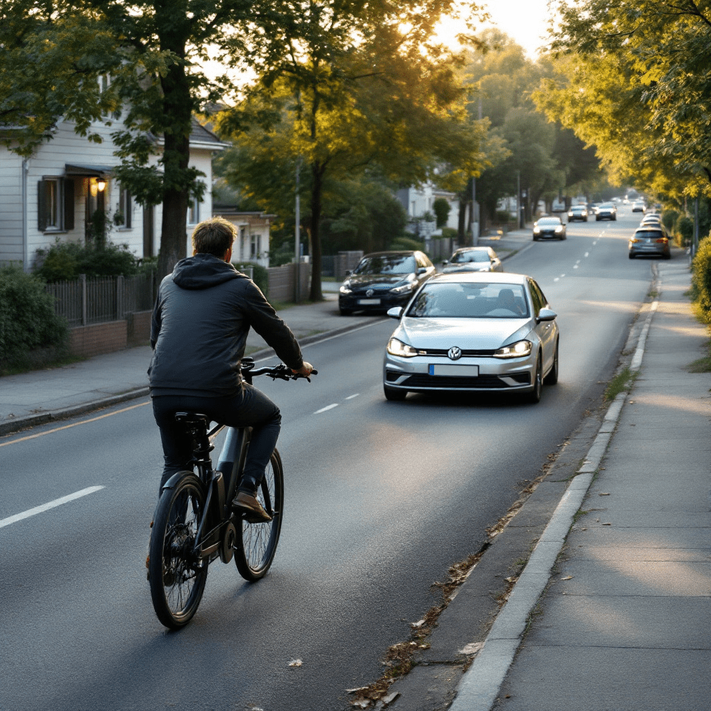 verkehrsunfall-radfahrer-haftungsverteilung Radfahrer auf Pedelec biegt auf Hauptstraße ein, während ein Auto in der Ferne fährt.
