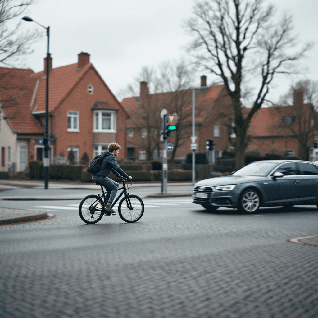 verkehrsunfall-radfahrer-pkw Unübersichtliche Kreuzung: 14-jähriger Radfahrer naht schnell; Audi A4 schwenkt ein, Fahrer ahnt nichts von der Gefahr.