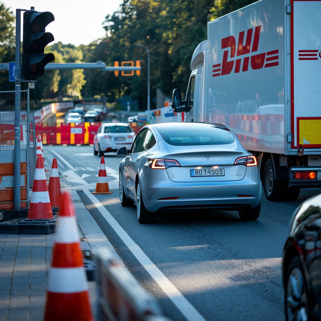 verkehrsunfall-reissverschlussverfahren Stop-and-Go-Verkehr an einer Baustellenampel mit einem Tesla und einem DHL-LKW, kurz vor einer Kollision.
