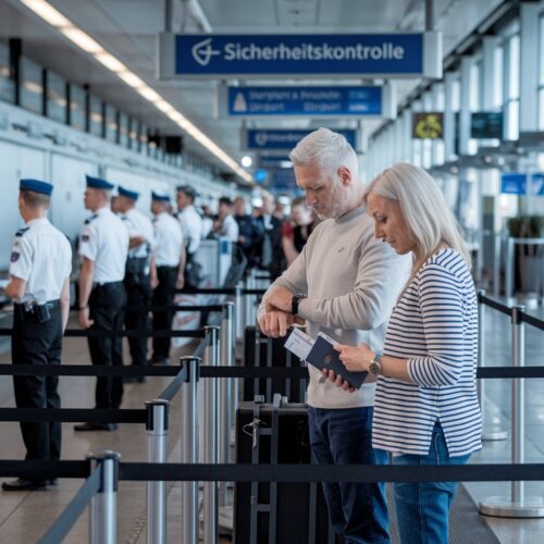 Wartende, gestresste Reisende an der Sicherheitskontrolle eines deutschen Flughafens mit Boardingpässen und Pässen.
