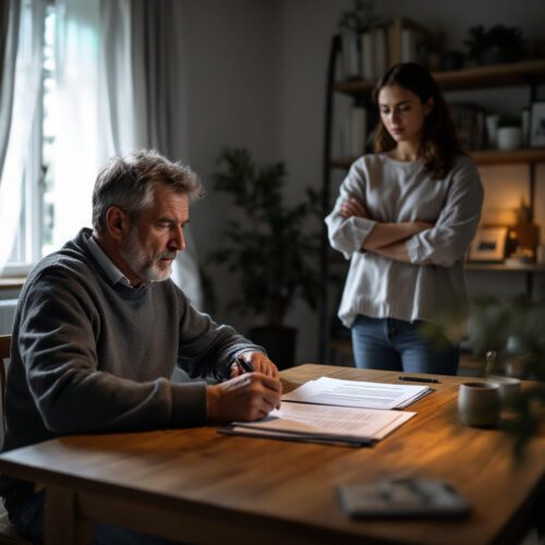 Mann und Frau im Wohnzimmer, besorgt über Immobilienkaufvertrag und notarielle Vollmacht.