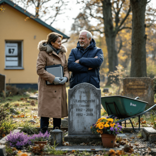 Familienmitglieder stehen verhalten am verwahrlosten Grab mit verwittertem Stein und verwelktem Grabschmuck in einem deutschen Friedhof.