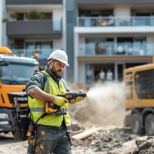 Bauarbeiter mit Presslufthammer stört Urlauber auf Hotelbalkon durch Lärm auf Baustelle.
