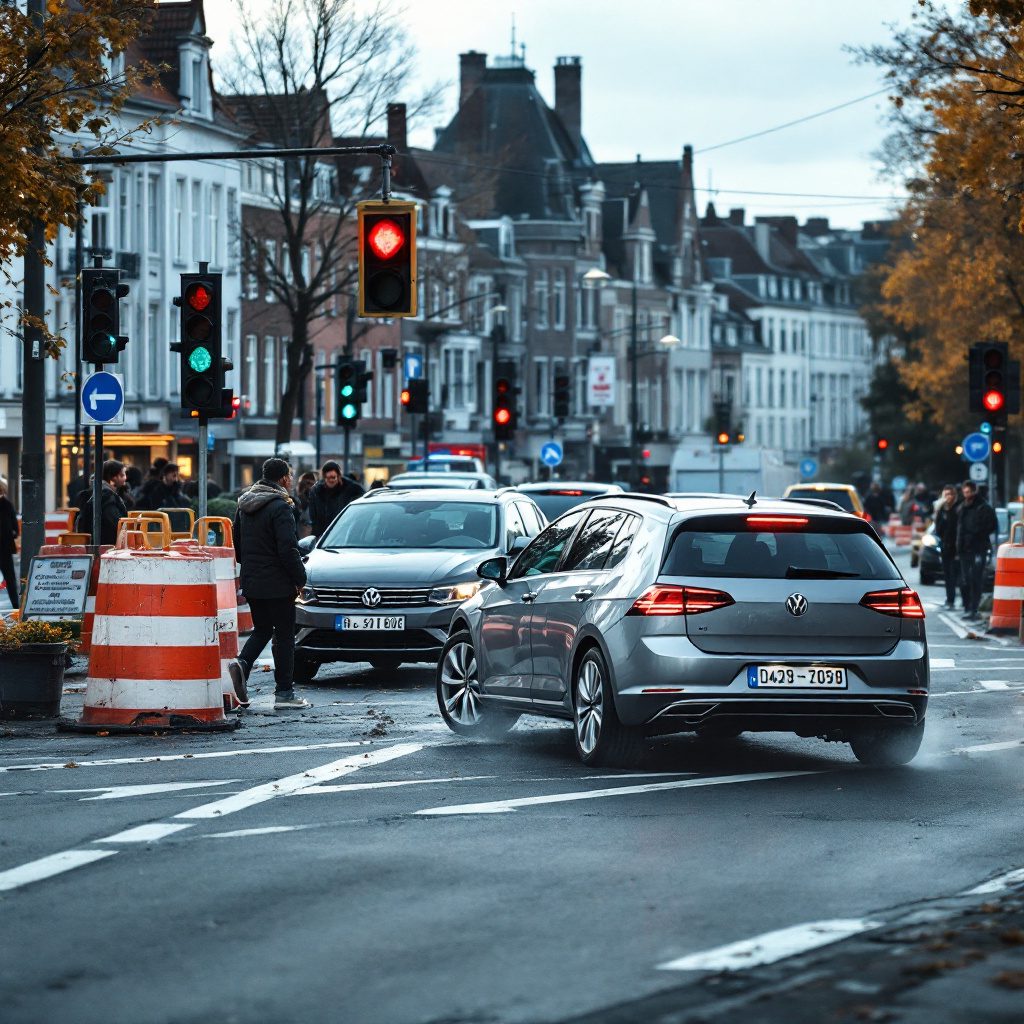 freepik__descriptionen-the-image-captures-the-precise-momen__56031 Verkehrsunfall zwischen zwei Autos an einer Baustelle in Düsseldorf, während ein Fahrzeug bei Rot in die Kreuzung fährt.