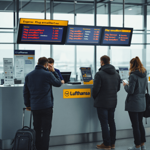 Frustrierte Passagiere am Lufthansa-Schalter mit Annullierungen, ein Mitarbeiter tippt am Computer.
