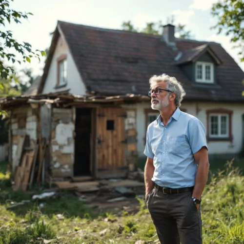 Käufer entdeckt nicht genehmigten Anbau auf seinem neuen Grundstück. Besorgter Gesichtsausdruck und unordentliche Umgebung.