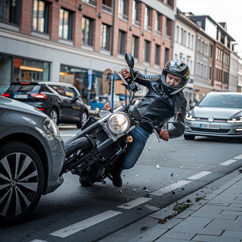 haftungsabwaegung-motorradunfall Motorradunfall in einer Stadt: Motorcyclist kollidiert mit Auto, trägt Schutzkleidung, hektische Straßenumgebung.