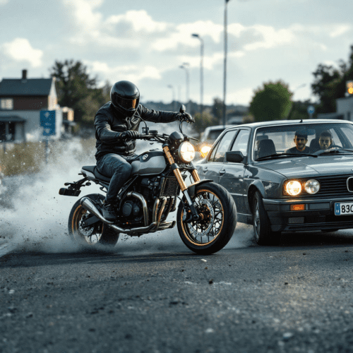 Motorrad kollidiert mit Auto auf der B2, Fahrer in Schutzkleidung fliegt vom Bike, überraschter Autofahrer im Wagen.