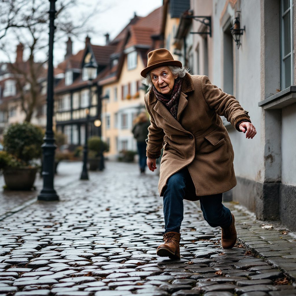 verkehrssicherungspflicht-gehweg-zustand Elderly woman stumbles on uneven cobblestone sidewalk in a traditional German town.Elderly woman stumbles on uneven cobblestone sidewalk in a traditional German town.