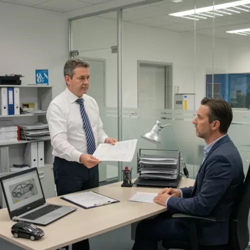 Experte gibt fehlerhaften Bericht an skeptischen Kunden in modernem Büro. Laptop mit Schadensdiagrammen sichtbar.