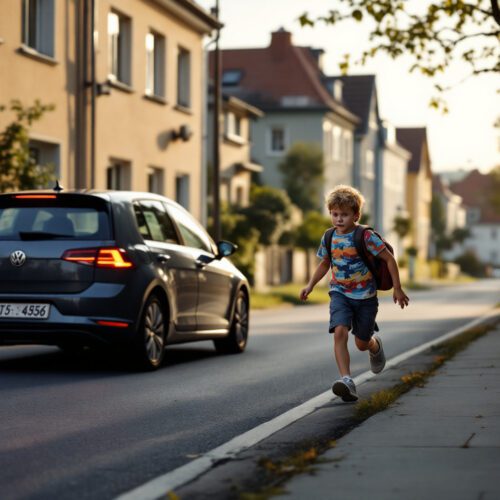 Junger Junge läuft unachtsam auf eine Straße, während ein Auto plötzlich bremst.