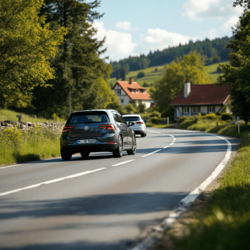 Gefährliches Überholmanöver auf einer engen Landstraße in Deutschland, mit Fahrzeugen und ländlicher Kulisse.