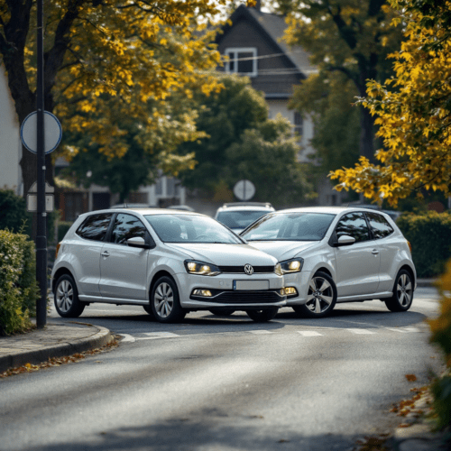 Verkehrsunfall zwischen einem Volkswagen und einem anderen Auto an einer Kreuzung in einer deutschen Spielstraße.